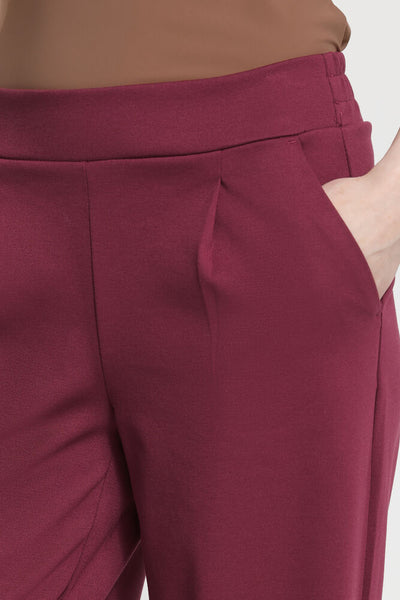 Close-up of maroon pleated pants on a neutral background
