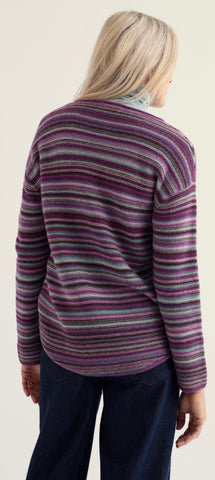 A close-up of a knitted fabric with wavy stripes in purple, teal, brown, and grey. .