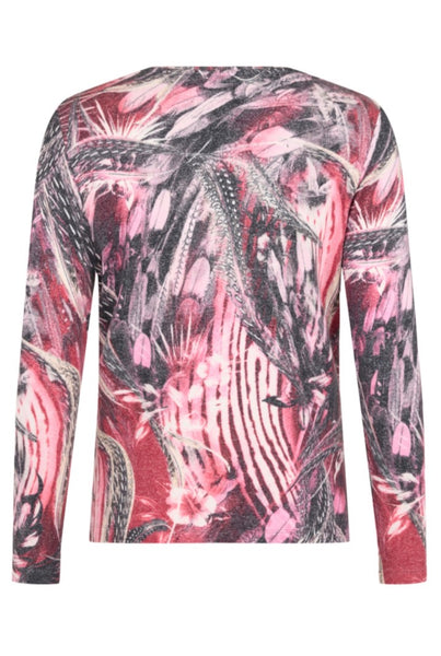 Back profile of a long-sleeve round neck top featuring an abstract, painterly pattern in pink, red, black, and white, shown against a plain white background.