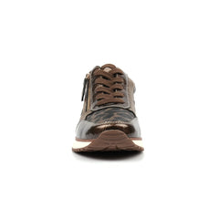 Women's lace-up sneaker shown from the front on a plain white background. The shoe features a metallic bronze-brown patent leather toe cap, smooth brown leather overlays, matching brown laces, a side zipper, and a brown and white sole.