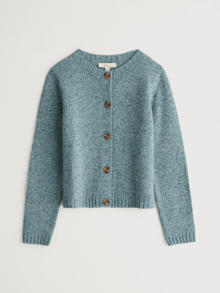 Teal knitted cardigan with brown buttons on a light gray background