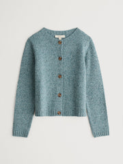 Teal knitted cardigan with brown buttons on a light gray background