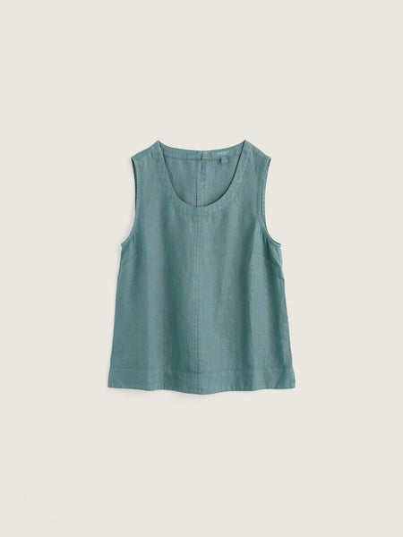 Teal sleeveless top on a grey background.