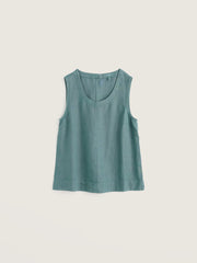 Teal sleeveless top on a grey background.
