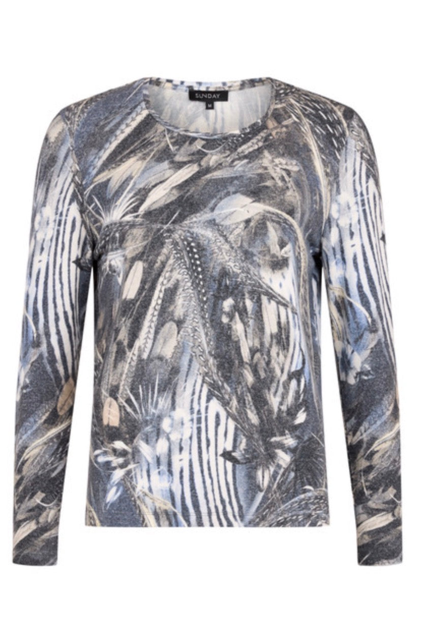 Sunday long-sleeve round neck top featuring an abstract, painterly pattern in shades of grey, blue, white, and beige. On a white studio background.