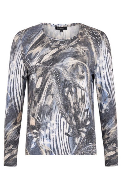 Sunday long-sleeve round neck top featuring an abstract, painterly pattern in shades of grey, blue, white, and beige. On a white studio background.