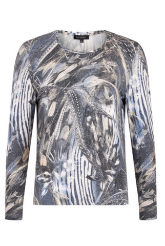 Sunday long-sleeve round neck top featuring an abstract, painterly pattern in shades of grey, blue, white, and beige. On a white studio background.