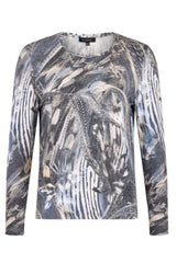 Sunday long-sleeve round neck top featuring an abstract, painterly pattern in shades of grey, blue, white, and beige. On a white studio background.