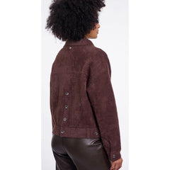 A person shown from the back wearing a dark brown textured cropped jacket with snap-button detailing along the back and collar, paired with dark brown pants, against a plain white studio background.