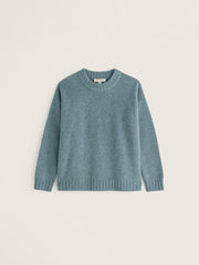 A dusty blue-green crewneck knit sweater with long sleeves and ribbed cuffs and hem, displayed flat against a light beige background.