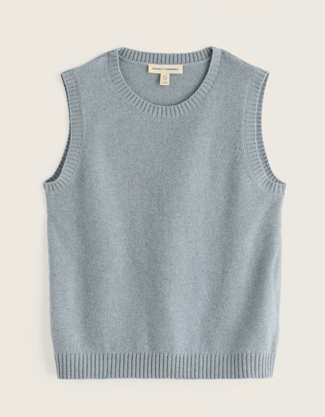 Seasalt light blue knit vest top with a crew neck and ribbed trim, laid flat against a light beige background.