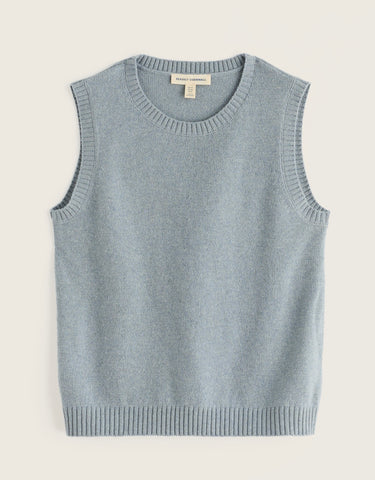 Back profile of woman modelling Seasalt light blue vest top with a blue striped top and wearing blue jeans on a white background.