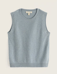 Seasalt light blue knit vest top with a crew neck and ribbed trim, laid flat against a light beige background.