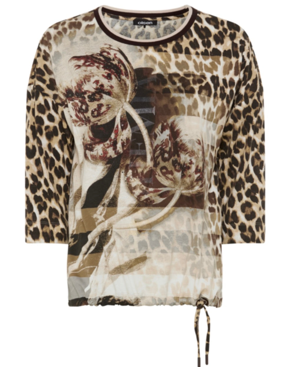 Olsen Women’s three-quarter sleeve top featuring an abstract leopard print and floral graphic print in beige, brown, and black tones, with a drawstring hem, on a white background. 