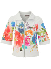 Dolcezza zip up jacket with floral print and short sleeves. 