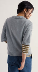 A woman shown from the back wearing Seasalt light blue knit jumper with olive green and white striped elbow-length sleeves, paired with blue jeans, against a plain off-white background.