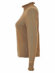 Dolcezza taupe ribbed knit sweater with a ruffled mock neck, long sleeves, and small pearl-like embellishments near the shoulders and cuffs, shown in a side profile on a white background.