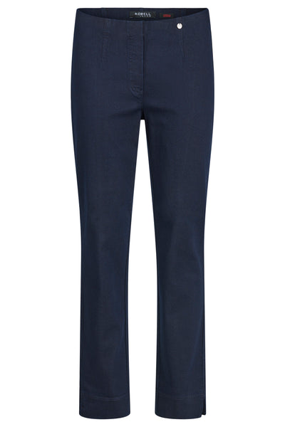 A pair of navy blue Robell Marie Jeans shown flat against a solid white background, with a single silver button motif at the waistband.