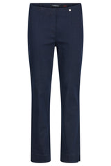 A pair of navy blue Robell Marie Jeans shown flat against a solid white background, with a single silver button motif at the waistband.