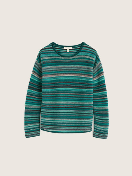 A long-sleeve Seasalt crewneck sweater with horizontal stripes in shades of teal, green, and dark brown, displayed against a solid light beige background.