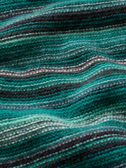 A close-up of a textured knit fabric with horizontal wavy stripes in teal, green, dark brown, and light gray.