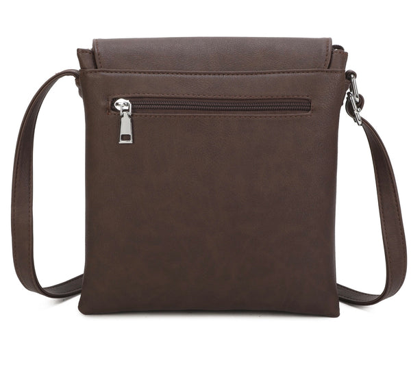 A dark brown faux-leather crossbody bag with a front zippered pocket and a silver zipper pull, shown against a plain white background.
