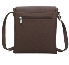 A dark brown faux-leather crossbody bag with a front zippered pocket and a silver zipper pull, shown against a plain white background.