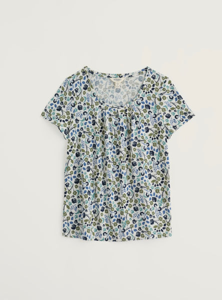 Floral patterned top on a light grey background.