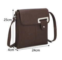 A dark brown faux-leather crossbody bag with overlaid dimension lines showing measurements of 25cm height, 24cm width, 4cm depth, and a strap length of 40cm on a white background.