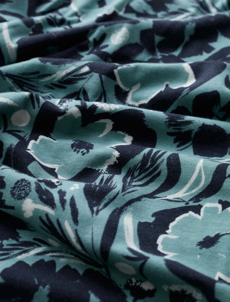 Close-up of floral patterned fabric with dark and light green colours.