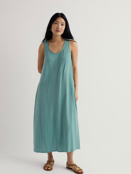 Seasalt sleeveless long cotton dress in sardine colour with round neckline and side pockets.