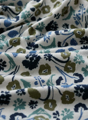 Close-up of floral patterned fabric with blue, green, and black colours on a white background.