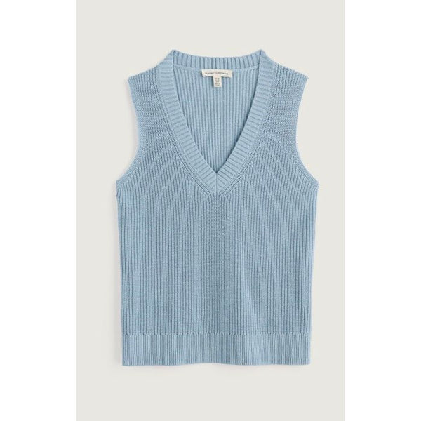 Light blue ribbed knit sleeveless top on a light grey background.