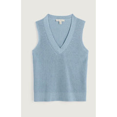 Light blue ribbed knit sleeveless top on a light grey background.