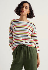 Woman wearing a colourful striped sweater and green pants on a white background.