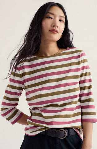 A close-up of a striped fabric with wavy horizontal bands of dusty pink, olive brown, and white.