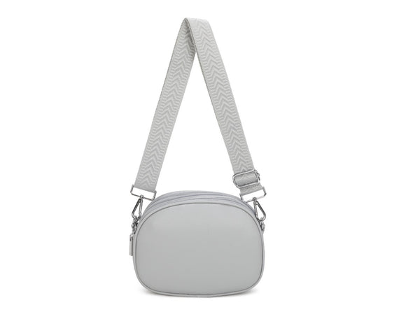 Gray crossbody bag with a strap on a white background