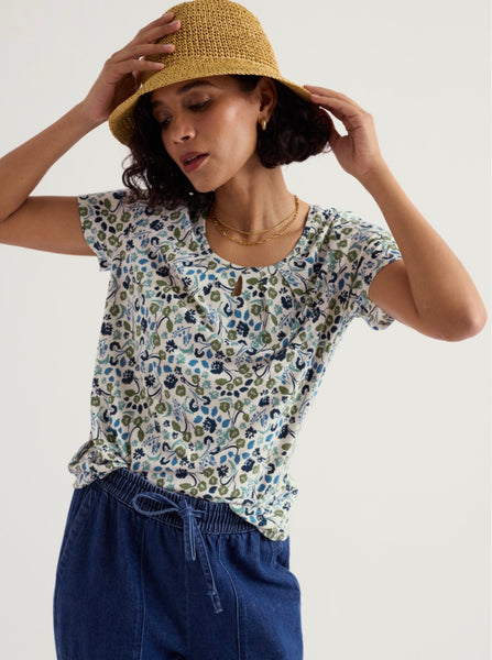 Woman wearing a floral top and straw hat against a plain background.