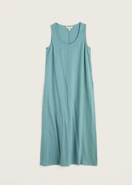 Teal sleeveless long dress on a white background.