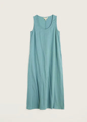 Teal sleeveless long dress on a white background.