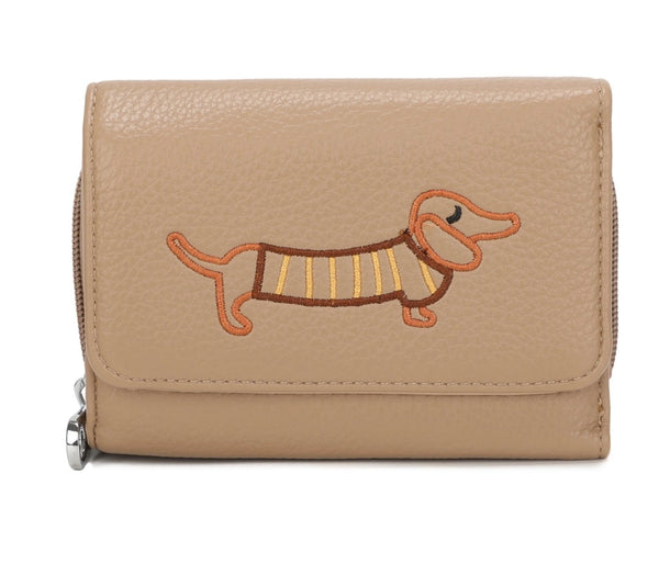 Women’s Beige purse  with a dachshund design on a white background