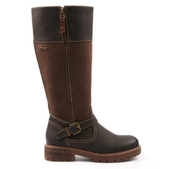 Lunar long brown boots with zip fastening and buckle detail. With chunky sole and low heel. Against a white studio background.