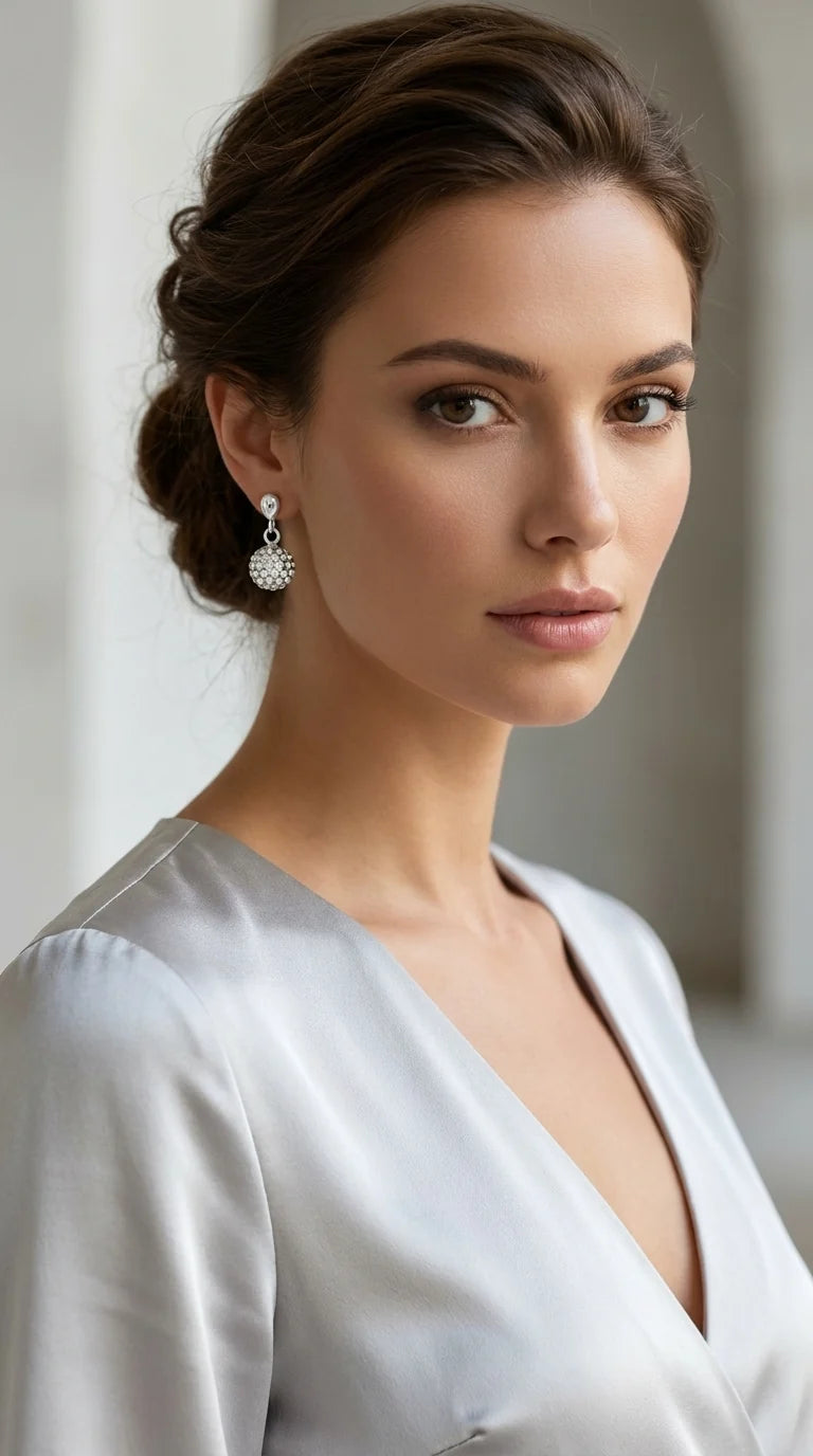 A close-up portrait of a woman with styled brown hair wearing a gold -toned drop earring with a clear faceted gemstone, against a soft light grey background.