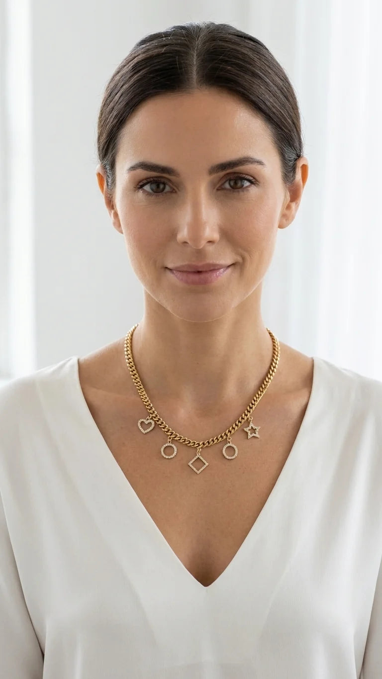 A woman with dark hair pulled back wears Envy Jewellery delicate gold chain necklace with small geometric charms, including a heart, a diamond, and a star, paired with a white V-neck top.