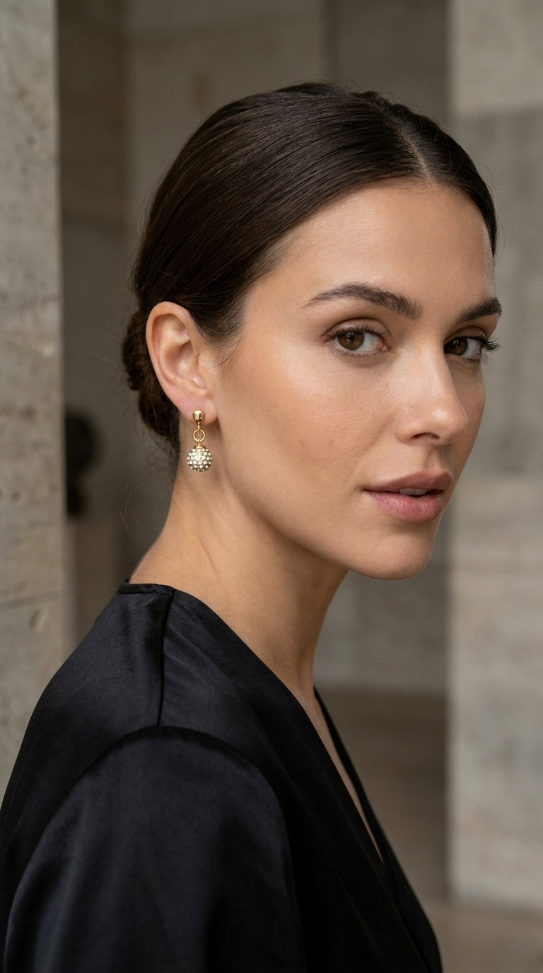 A woman with dark hair pulled back wears Envy Jewellery delicate gold dangle earring with a starburst cluster of small clear stones, photographed in a softly blurred stone interior.