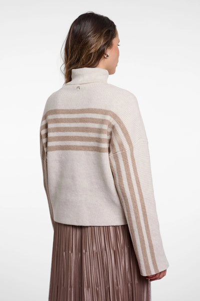 A woman shown from the back wearing a cropped ribbed knit turtleneck sweater in cream and taupe with horizontal stripes across the shoulders and upper back, paired with a pleated taupe skirt, against a plain white studio background.