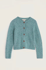 A teal blue-green knit cardigan sweater with brown buttons, displayed flat against a light cream background.
