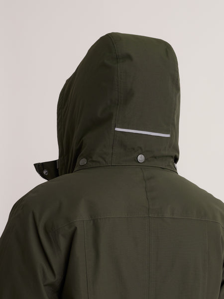Rear view of an olive green hooded jacket with a horizontal reflective stripe on the back of the hood, shown against a plain light gray background.