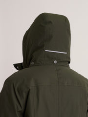 Rear view of an olive green hooded jacket with a horizontal reflective stripe on the back of the hood, shown against a plain light gray background.