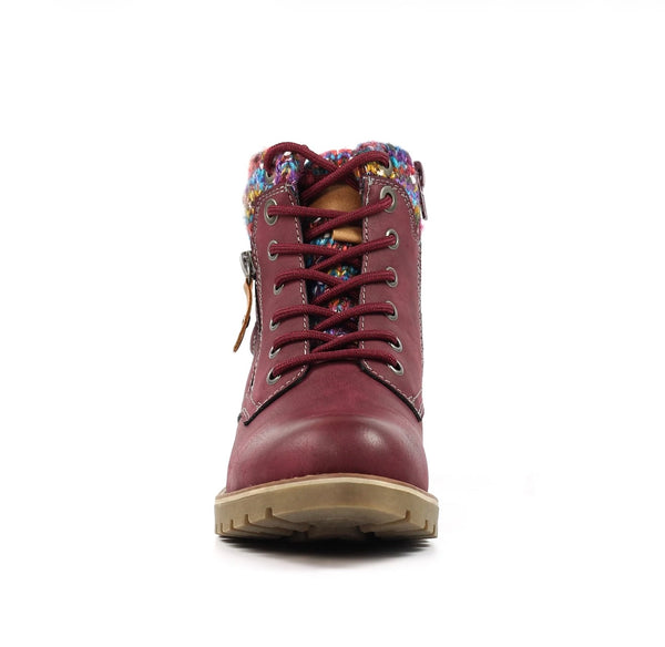 A single burgundy lace-up ankle boot with a colorful patterned knit collar, brown laces, and a tan sole, shown against a plain white background.